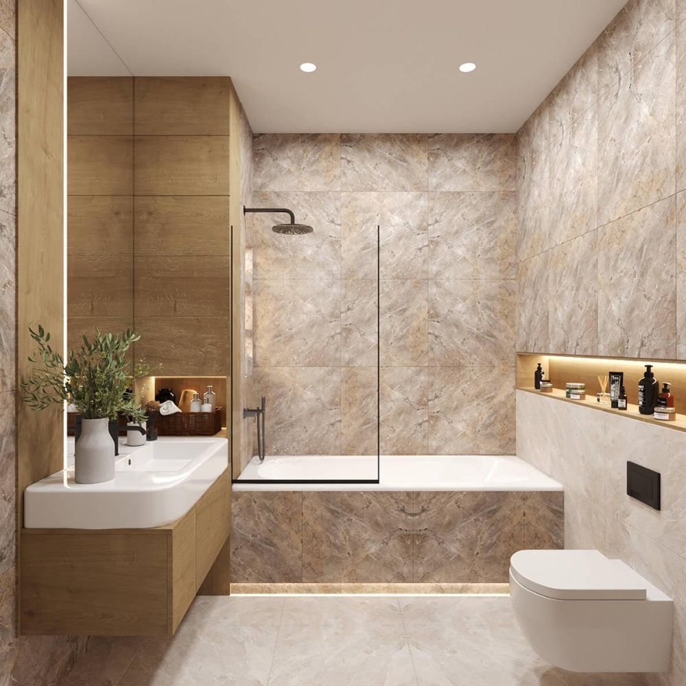 Lắp tủ lavabo v&agrave; tận dụng khoảng trống ph&iacute;a tr&ecirc;n bồn cầu với hộc &acirc;m tường để đồ gi&uacute;p ph&ograve;ng tắm 4m2 th&ecirc;m gọn g&agrave;ng