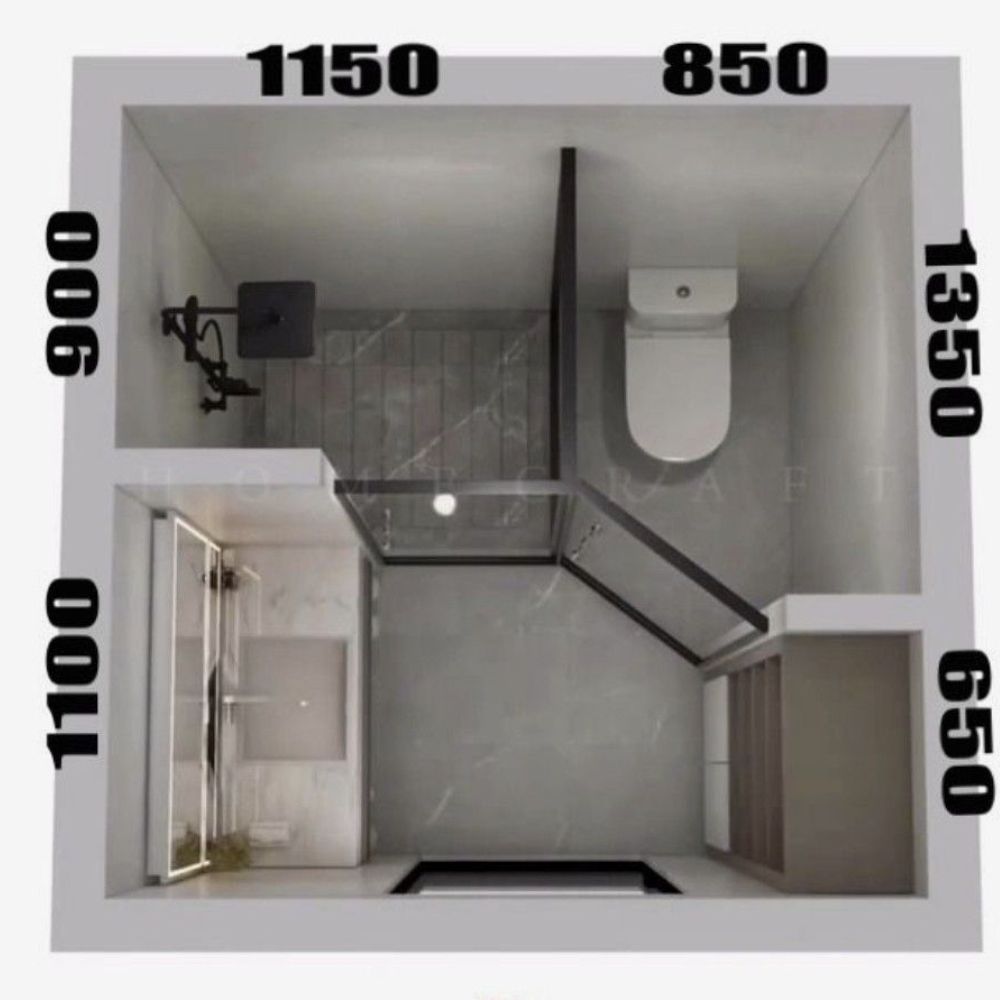 Layout ph&ograve;ng tắm 4m2 với đầy đủ bồn cầu, sen tắm v&agrave; lavabo