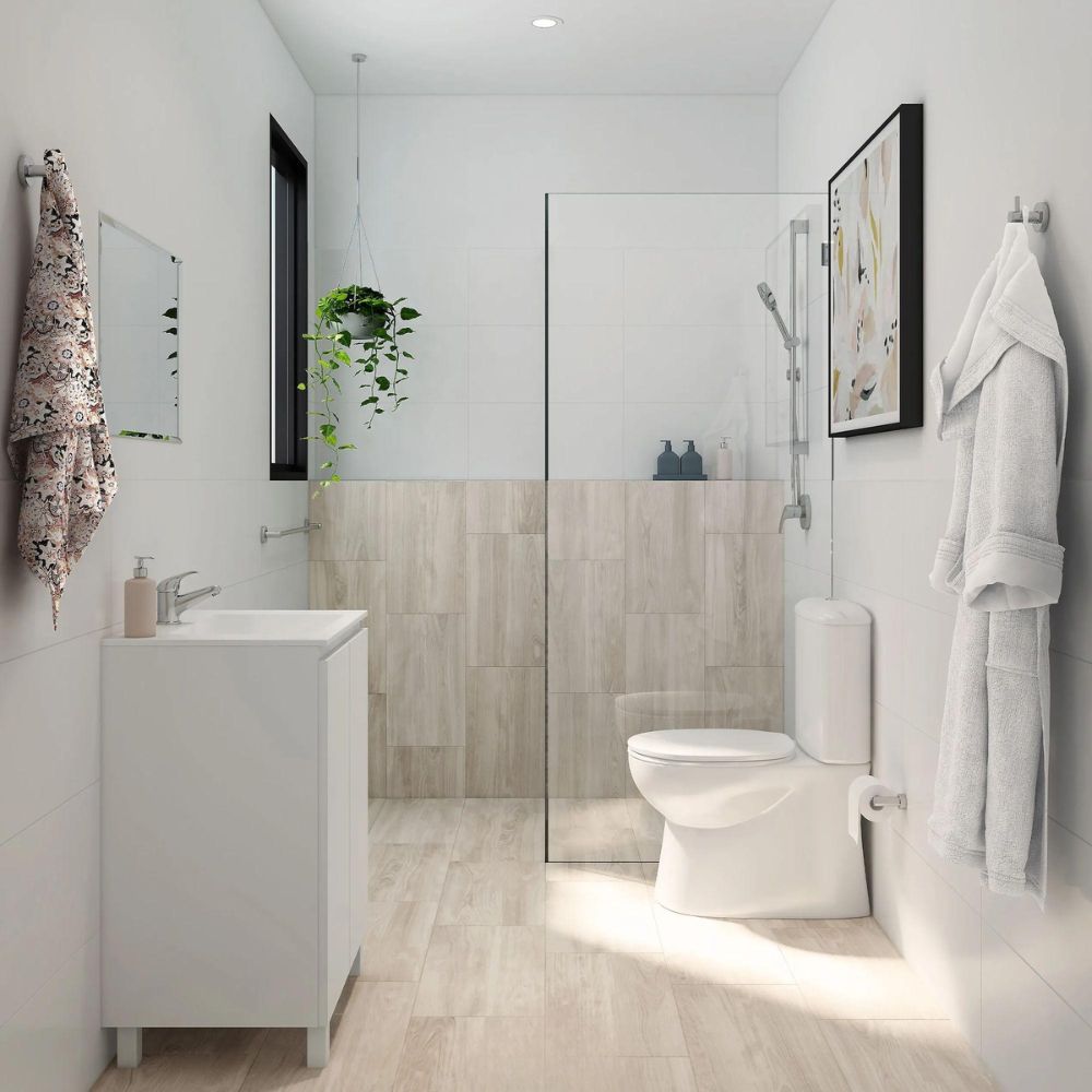 Ph&ograve;ng tắm tối giản đầy đủ tiện nghi, kết hợp &aacute;nh s&aacute;ng tự nhi&ecirc;n gi&uacute;p kh&ocirc;ng gian th&ecirc;m tho&aacute;ng đ&atilde;ng