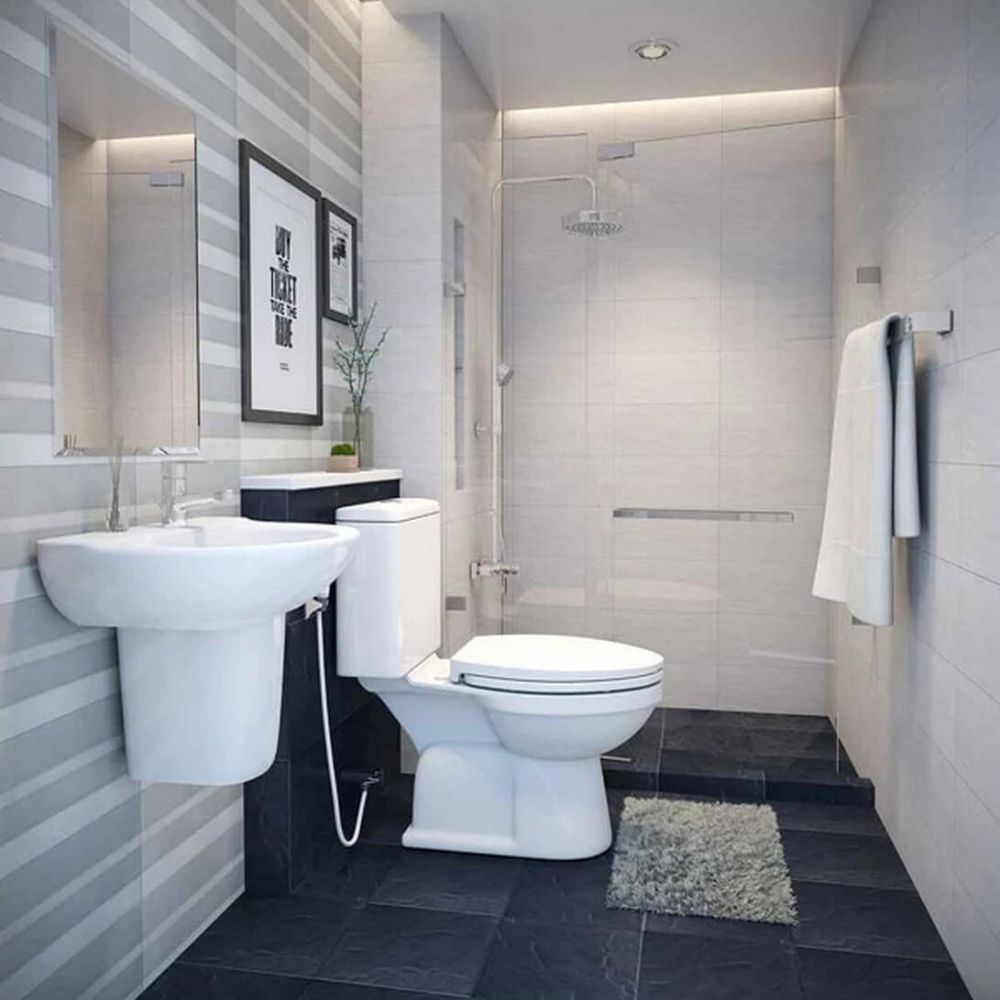 Ph&ograve;ng tắm 4m2 c&oacute; bồn cầu, sen tắm, lavabo với thiết kế tối giản