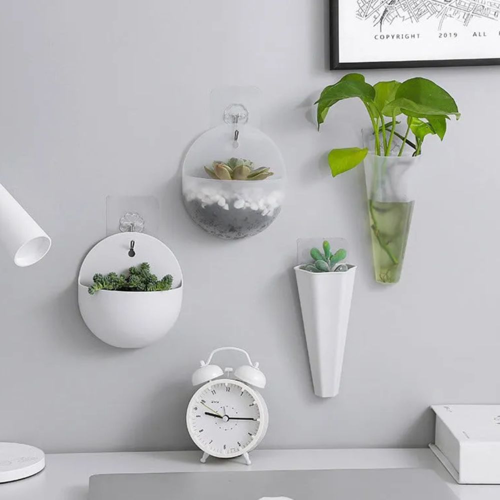 Trang tr&iacute; tường ph&ograve;ng kh&aacute;ch đơn giản với những chậu c&acirc;y xanh nhỏ nhắn