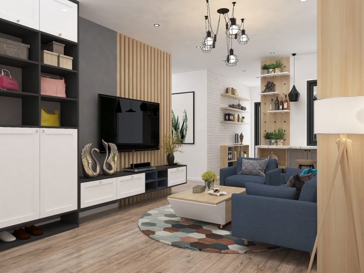 Trang tr&iacute; ph&ograve;ng kh&aacute;ch với tủ hiện đại