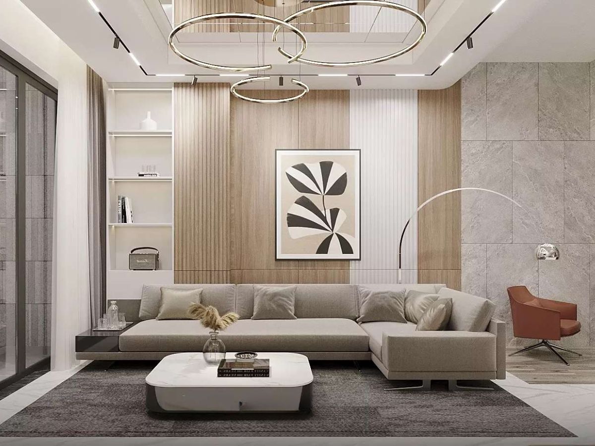 Ph&ograve;ng kh&aacute;ch đẹp ốp tường gỗ h&ograve;a hợp với tone x&aacute;m của bộ sofa