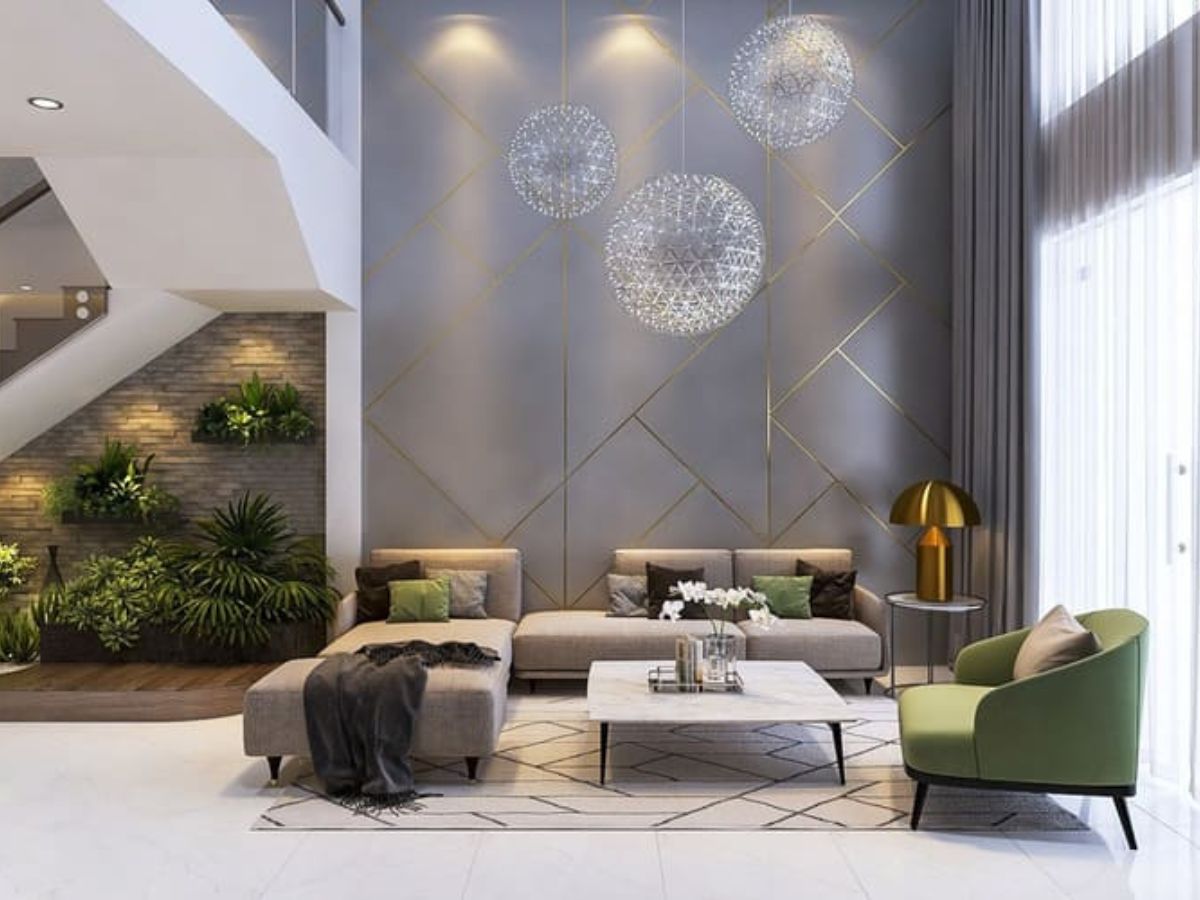 Tạo điểm nhấn ấn tượng cho ph&ograve;ng kh&aacute;ch với gạch ốp tường ph&iacute;a sau sofa