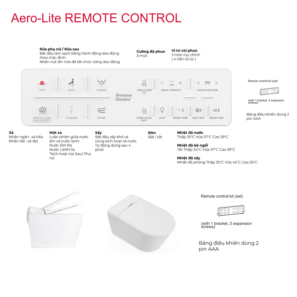 Bồn cầu treo tường nắp điện tử thông minh dòng Aero-Lite American Standard 103032BL00 + 103026SH00 (1073919990)
