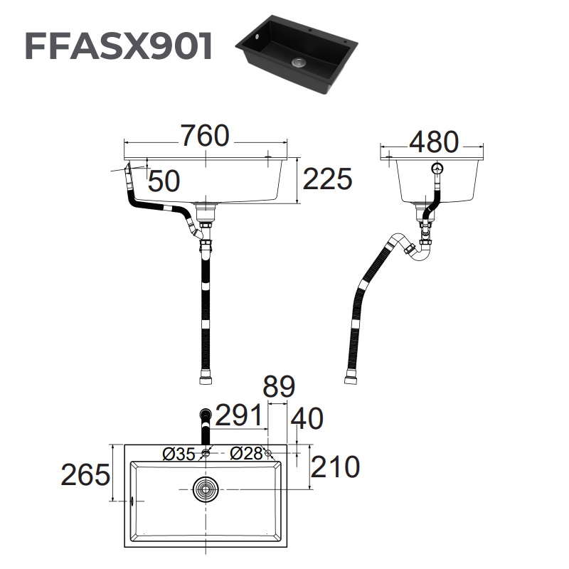 Chậu rửa chén đơn 760mm American Standard FFASX901 màu đen