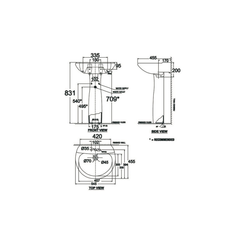 Bản vẽ kỹ thuật chậu rửa mặt 3 lỗ treo tường Cabria AMERICAN STANDARD VF-08003H