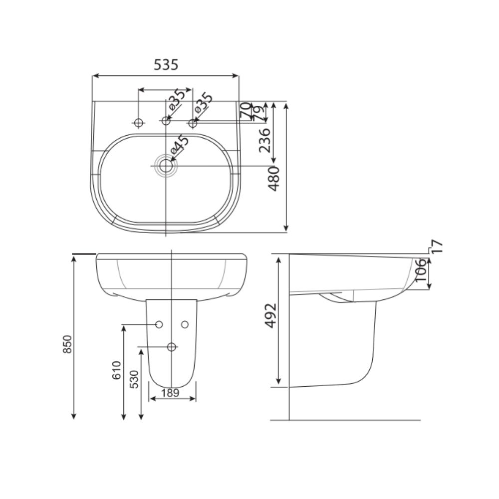 Chậu lavabo American Standard 0955-WT+0755-WT treo tường chân lửng Active (0955WT + 0755WT)