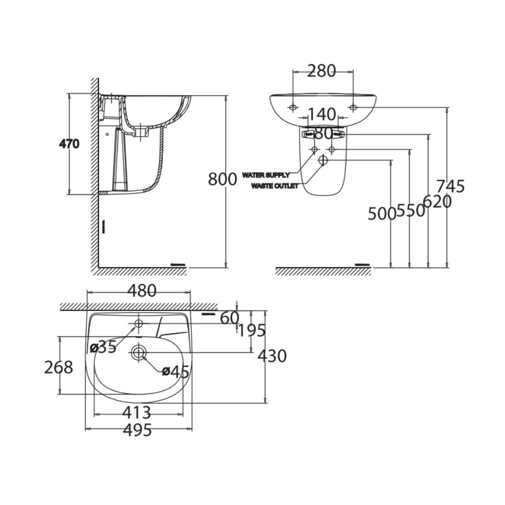 Chậu lavabo American Standard VF-0947+VF-0741 treo tường chân lửng Codie (VF0947 + VF0741)