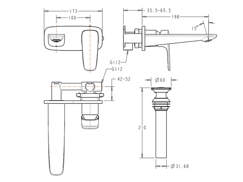 Bản vẽ kỹ thuật vòi chậu gắn tường Signature nóng lạnh American Standard WF-1704