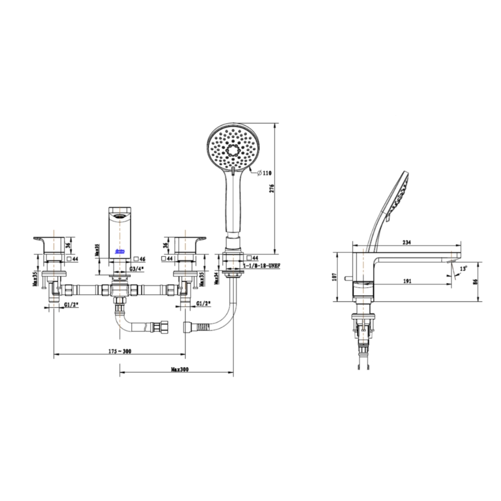 Bản vẽ kỹ thuật vòi bồn tắm 04 lỗ nóng lạnh Acacia Evolution American Standard WF-1300WS