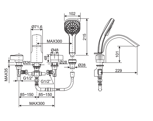 Bản vẽ kỹ thuật vòi bồn tắm 4 lỗ IDS American Standard WF-6800