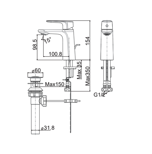 Bản vẽ kỹ thuật vòi lavabo nóng lạnh American Standard WF-1701