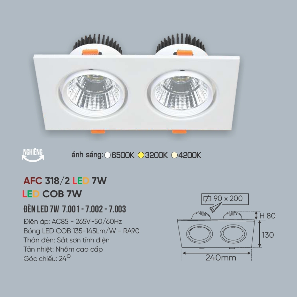 Đèn LED downlight âm trần đôi Anfaco 318/2 LED 7W