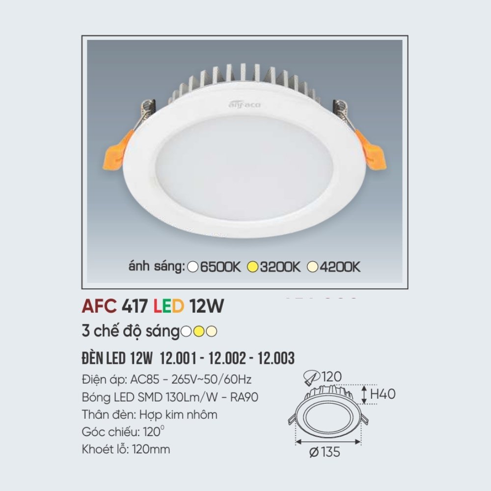 Đèn LED downlight âm trần Anfaco 417 LED 12W