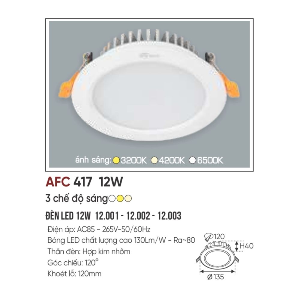 Đèn LED downlight âm trần Anfaco 417 LED 12W