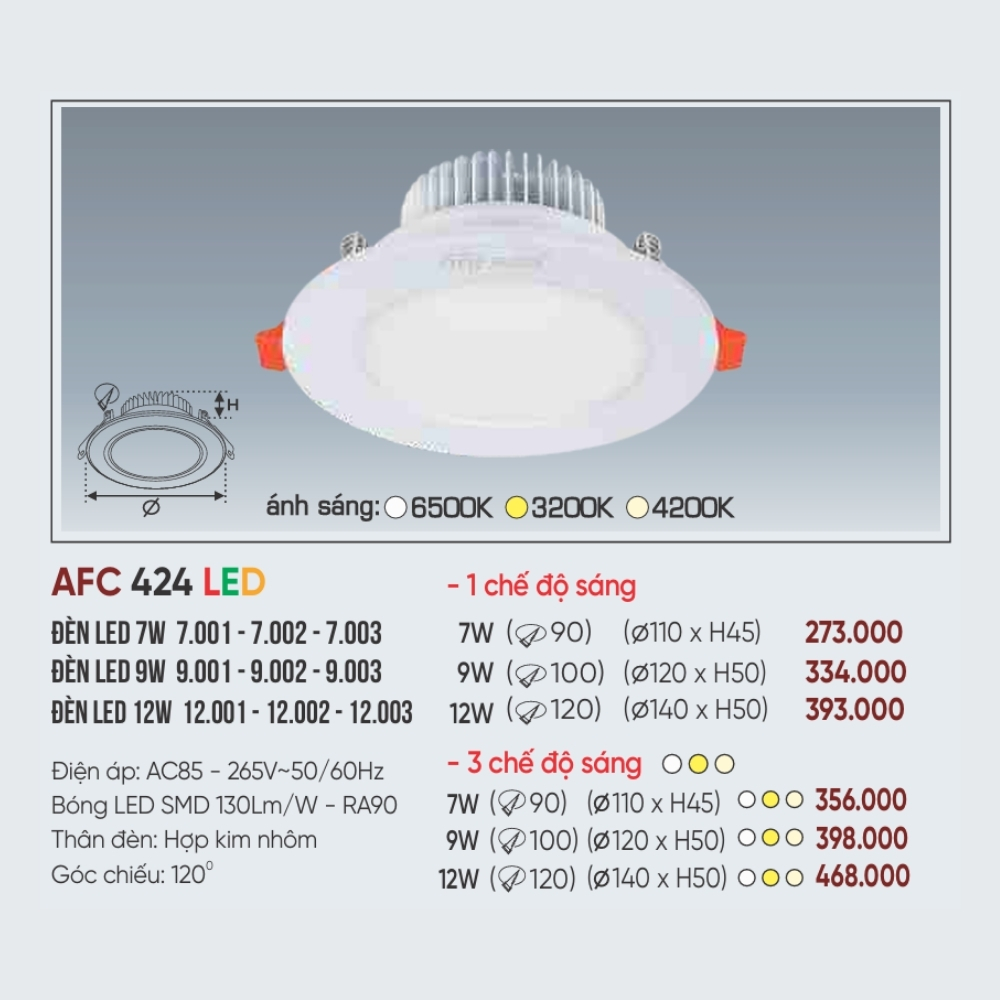 Đèn LED downlight âm trần Anfaco 424 LED 12W