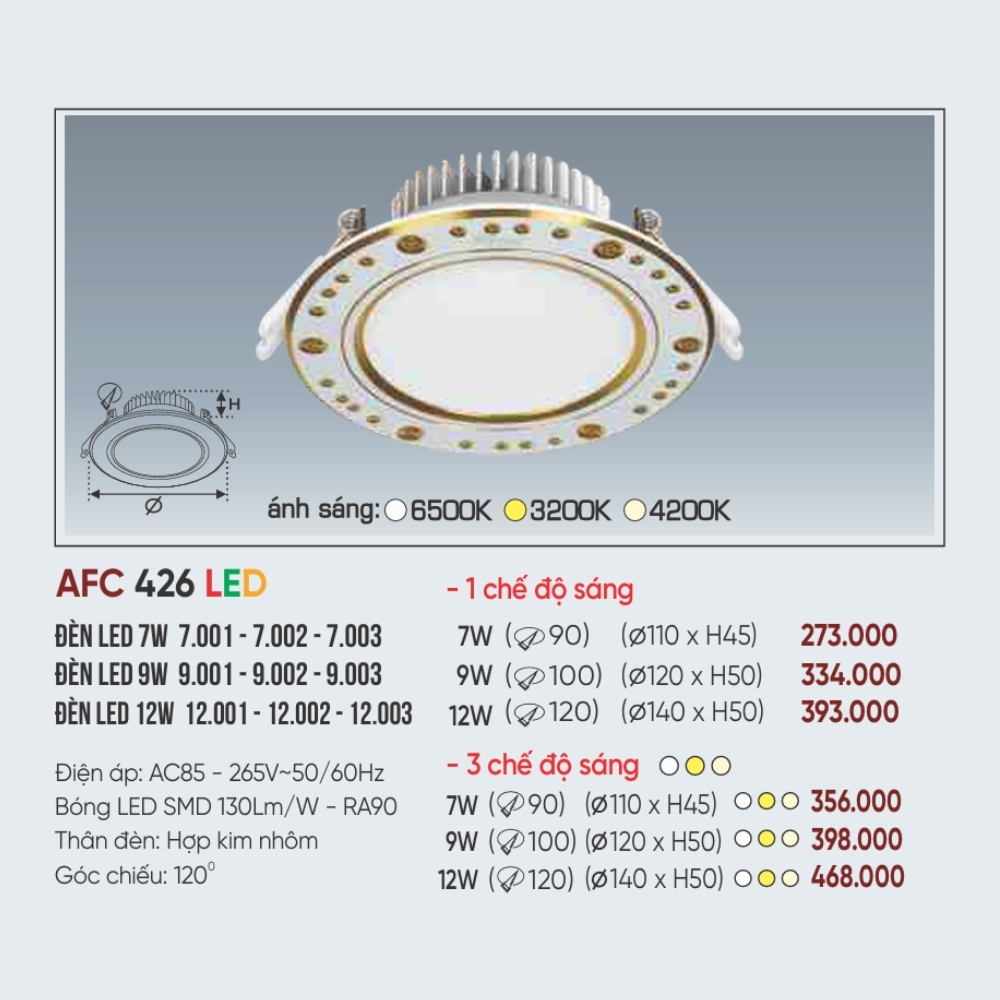 Đèn LED downlight âm trần Anfaco 426 LED 12W