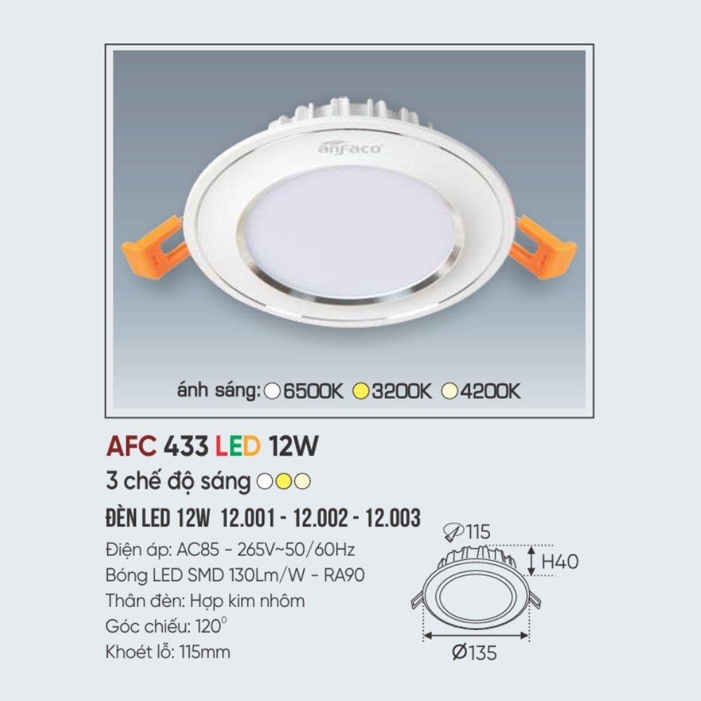 Đèn LED downlight âm trần Anfaco 433 LED 12W