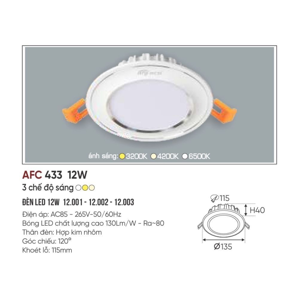 Đèn LED downlight âm trần Anfaco 433 LED 12W