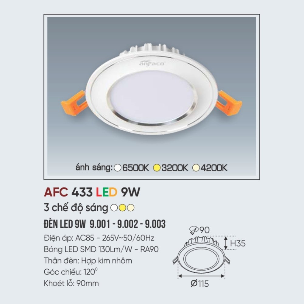 Đèn LED downlight âm trần Anfaco 433 LED 9W