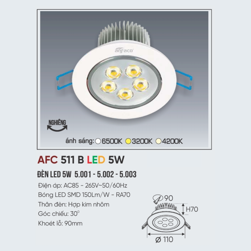 Đèn LED downlight âm trần Anfaco 511 B LED 5W