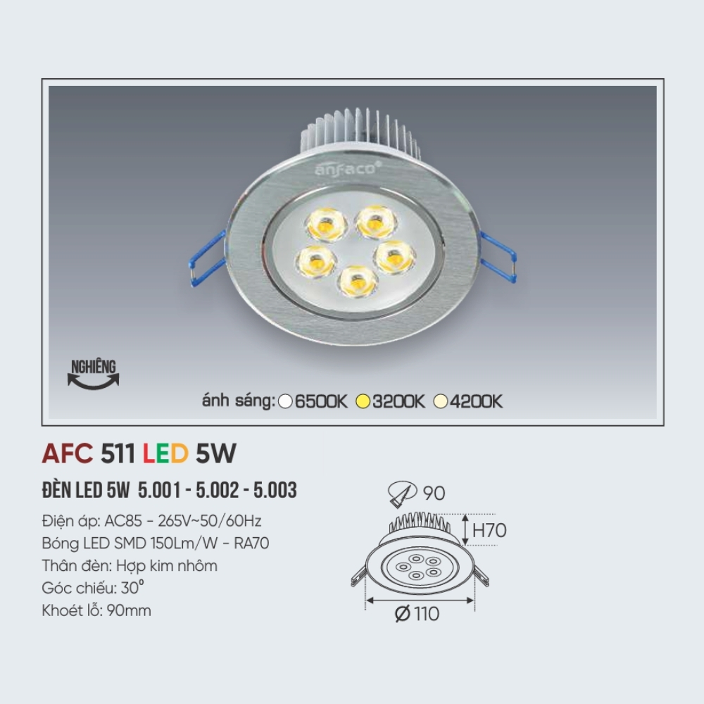 Đèn LED downlight âm trần Anfaco 511 LED 5W