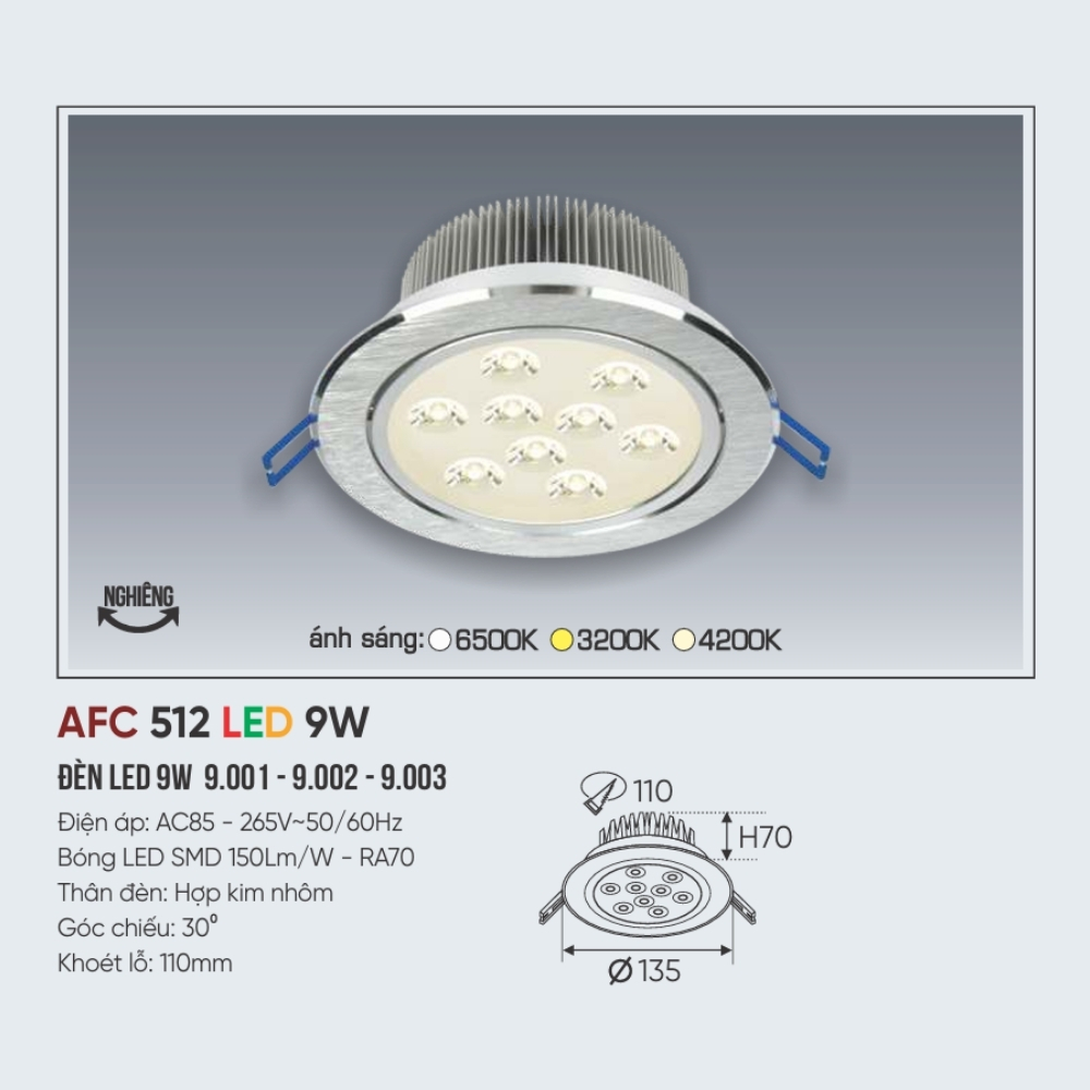 Đèn LED downlight âm trần Anfaco 512 LED 9W