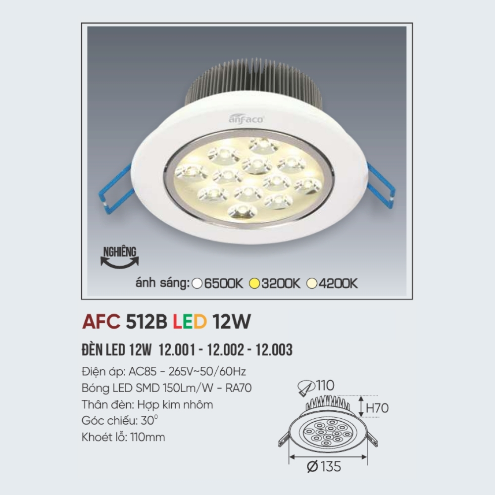 Đèn LED downlight âm trần Anfaco 512B LED 12W