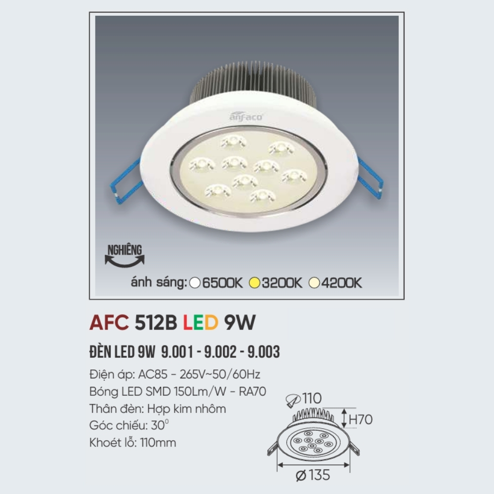 Đèn LED downlight âm trần Anfaco 512B LED 9W