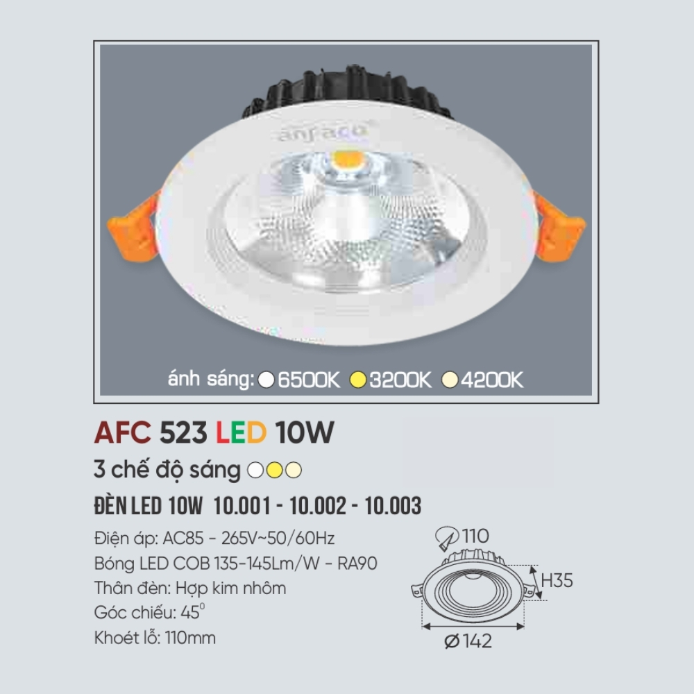 Đèn LED downlight âm trần Anfaco 523 LED 10W