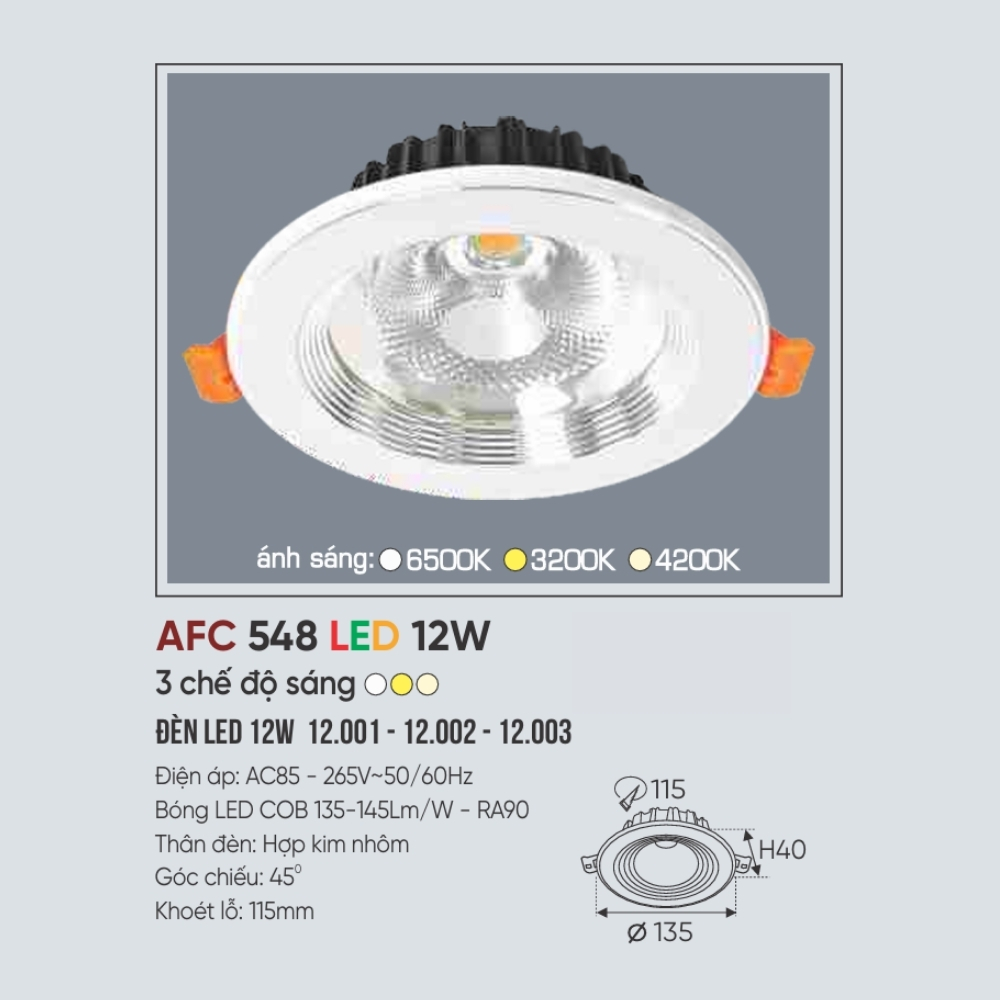Đèn LED downlight âm trần Anfaco 548 LED 12W