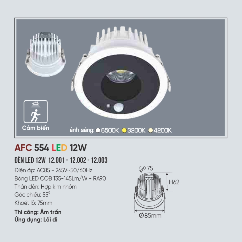 Đèn downlight cảm biến Anfaco 554 LED 12W