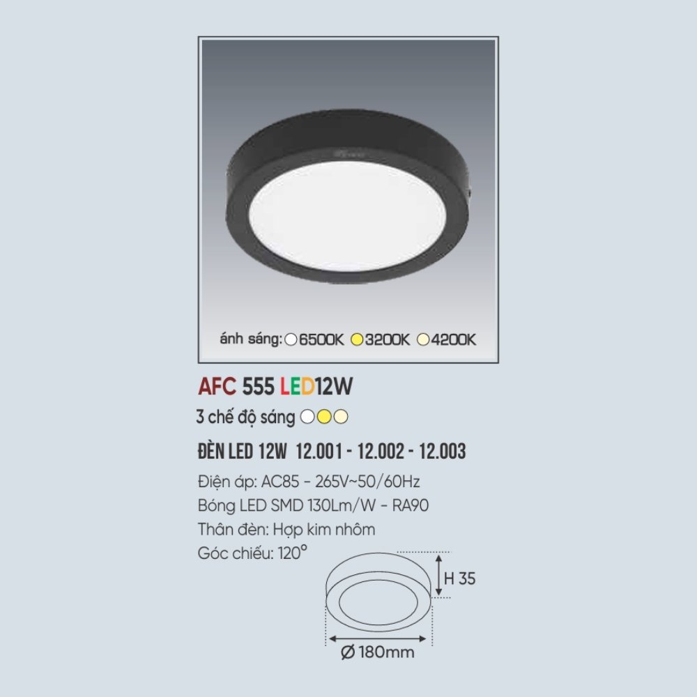 Đèn LED ốp trần nổi Anfaco 555 Đen LED 12W