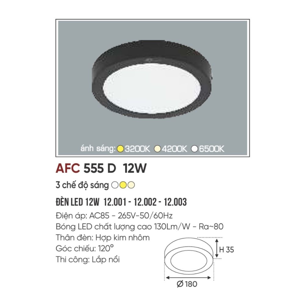 Đèn LED ốp trần nổi Anfaco 555 Đen LED 12W