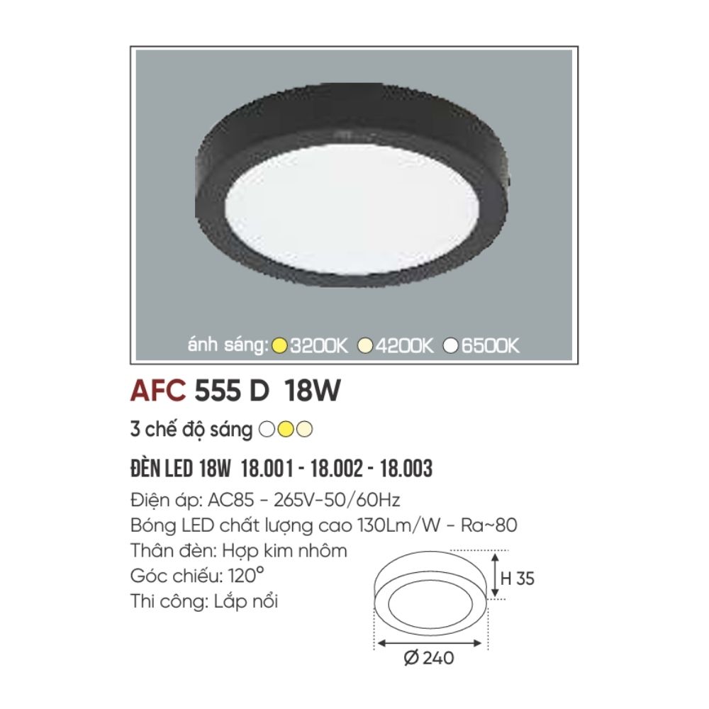 Đèn LED ốp trần nổi Anfaco 555 Đen LED 18W