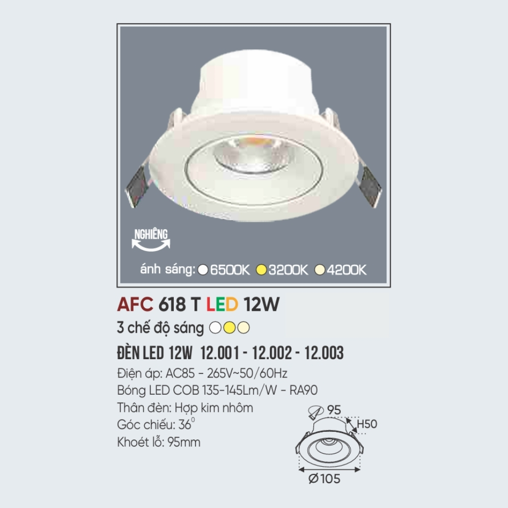 Đèn LED downlight âm trần Anfaco 618 T LED 12W
