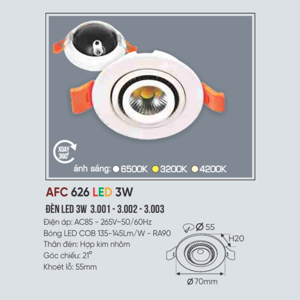 Đèn LED downlight âm trần Anfaco 626 LED 3W