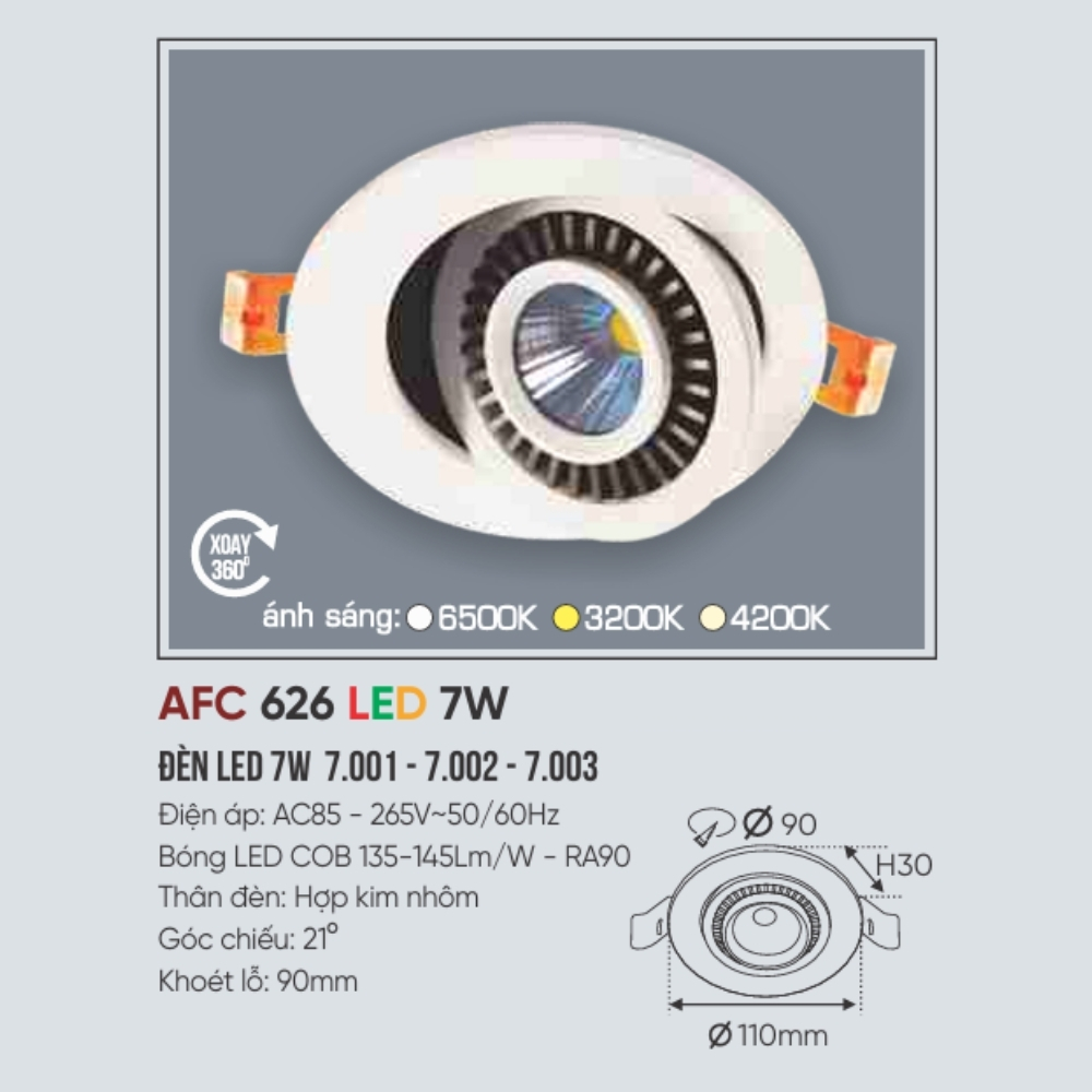 Đèn LED downlight âm trần Anfaco 626 LED 7W