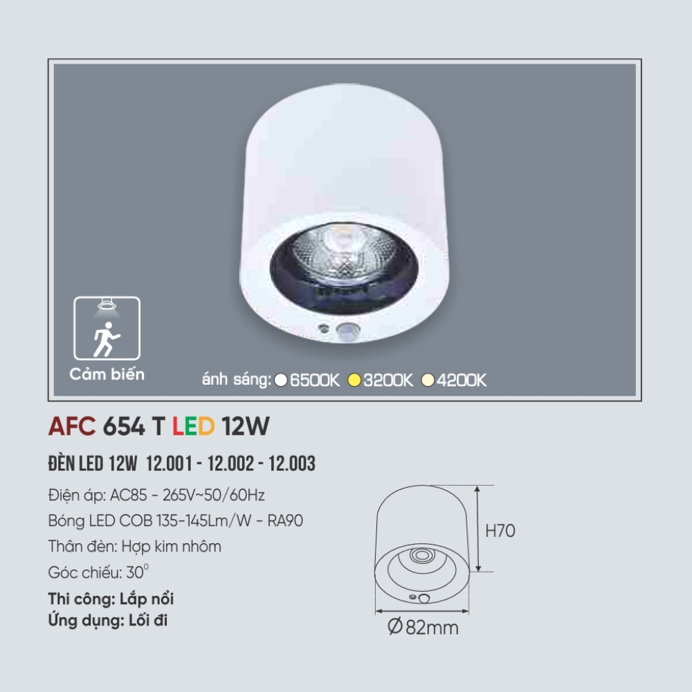 Đèn LED downlight nổi cảm biến Anfaco 654 T LED 12W