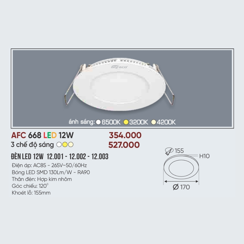 Đèn LED panel âm trần siêu mỏng Anfaco 668 LED 12W