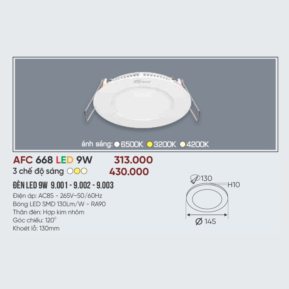 Đèn LED panel âm trần siêu mỏng Anfaco 668 LED 9W