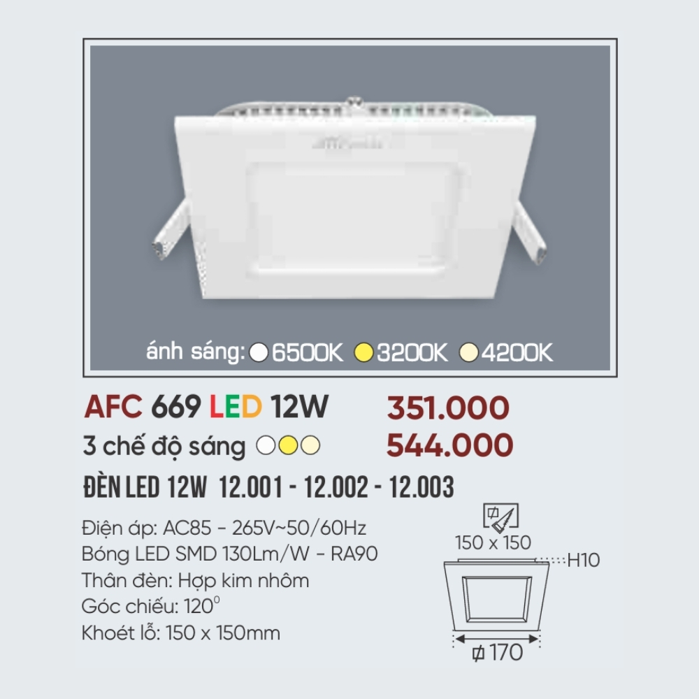 Đèn LED panel âm trần siêu mỏng Anfaco 669 LED 12W