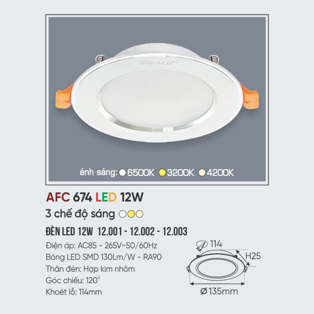 Đèn LED downlight âm trần Anfaco 674 LED 12W