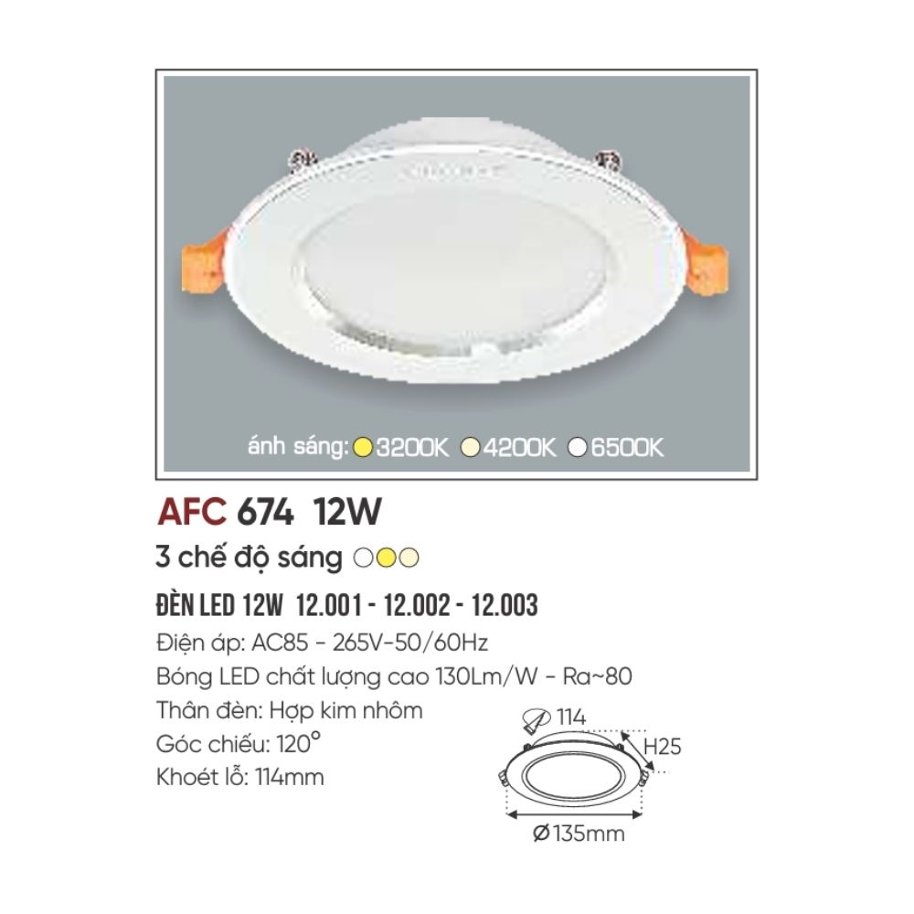 Đèn LED downlight âm trần Anfaco 674 LED 12W