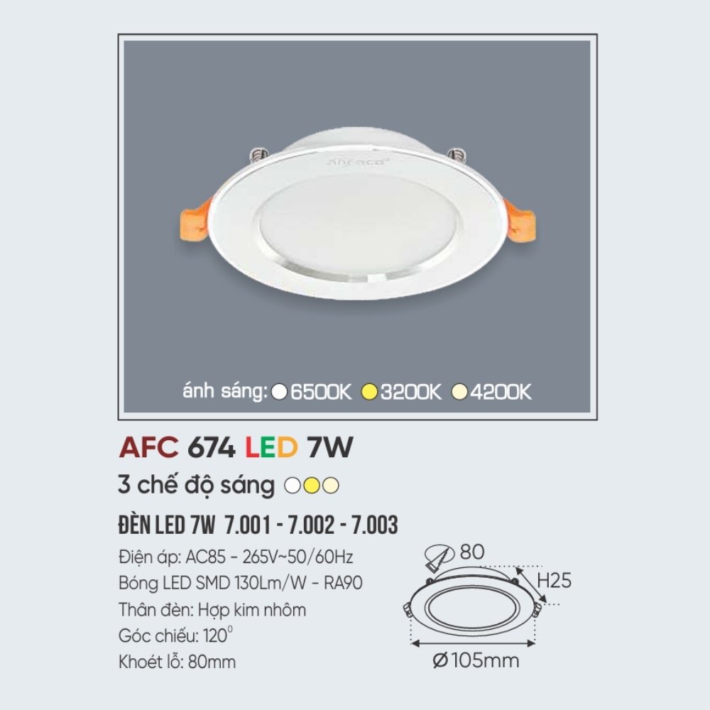 Đèn LED downlight âm trần Anfaco 674 LED 7W