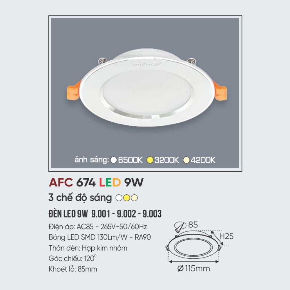 Đèn LED downlight âm trần Anfaco 674 LED 9W