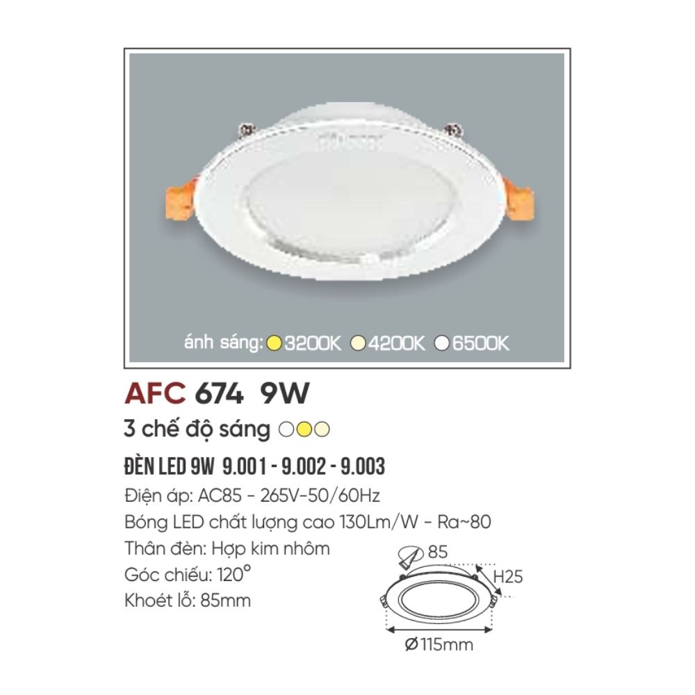 Đèn LED downlight âm trần Anfaco 674 LED 9W