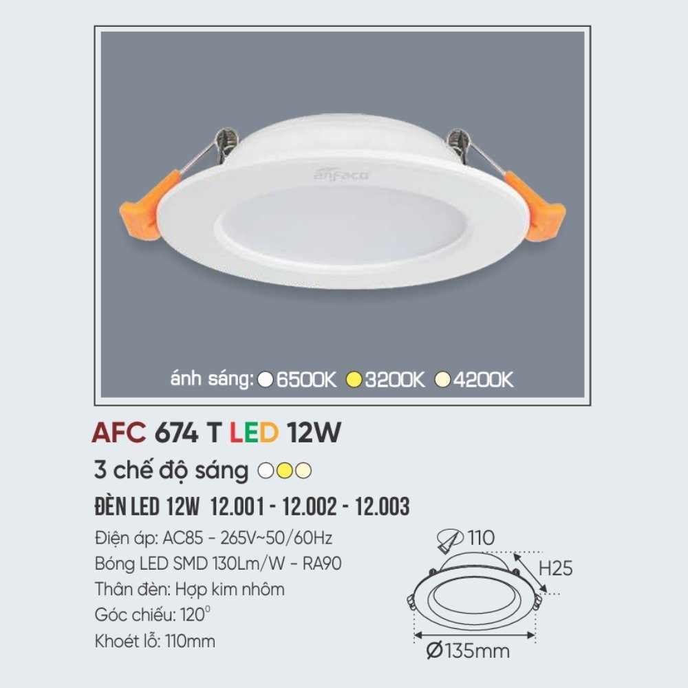 Đèn LED downlight âm trần Anfaco 674 T LED 12W