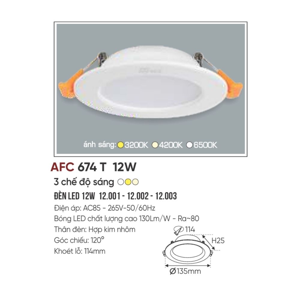 Đèn LED downlight âm trần Anfaco 674 T LED 12W